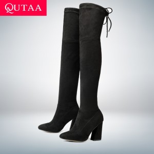 QUTAA 2018 New Flock Leather Women Over The Knee Boots Lace Up Sexy High Heels Autumn Woman Shoes Winter Women Boots Size 34-43